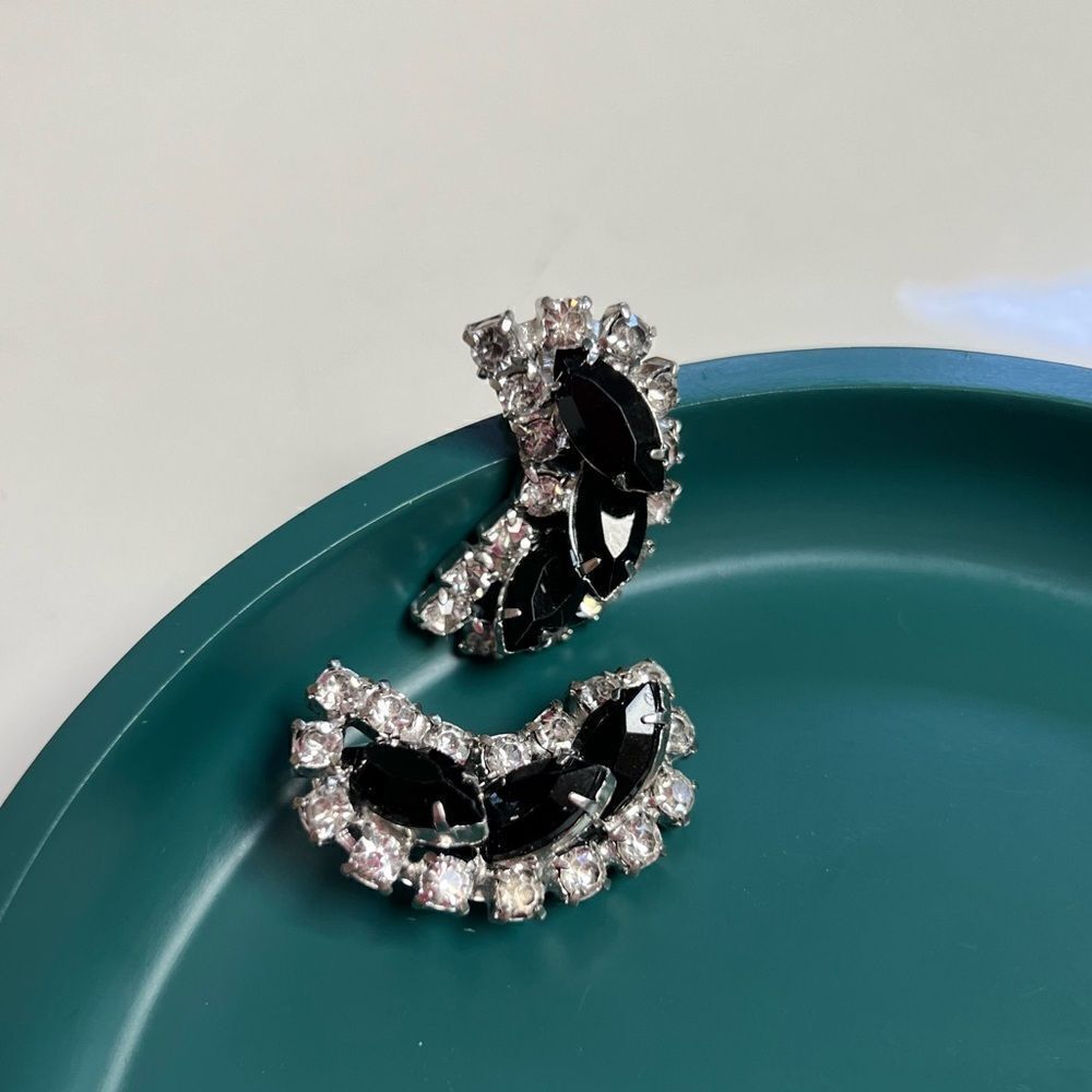 Large Pristine MCM Onyx Crystal Rhinestone Ear Climber Clip On Earrings